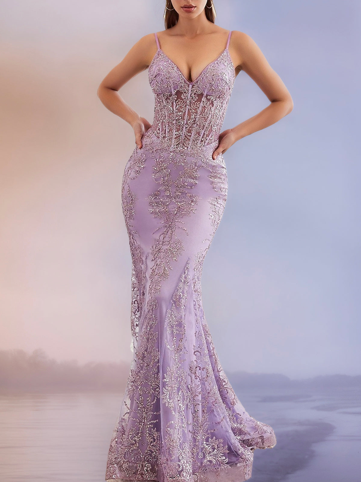 Vestido de sirena sin mangas con encaje y lentejuelas