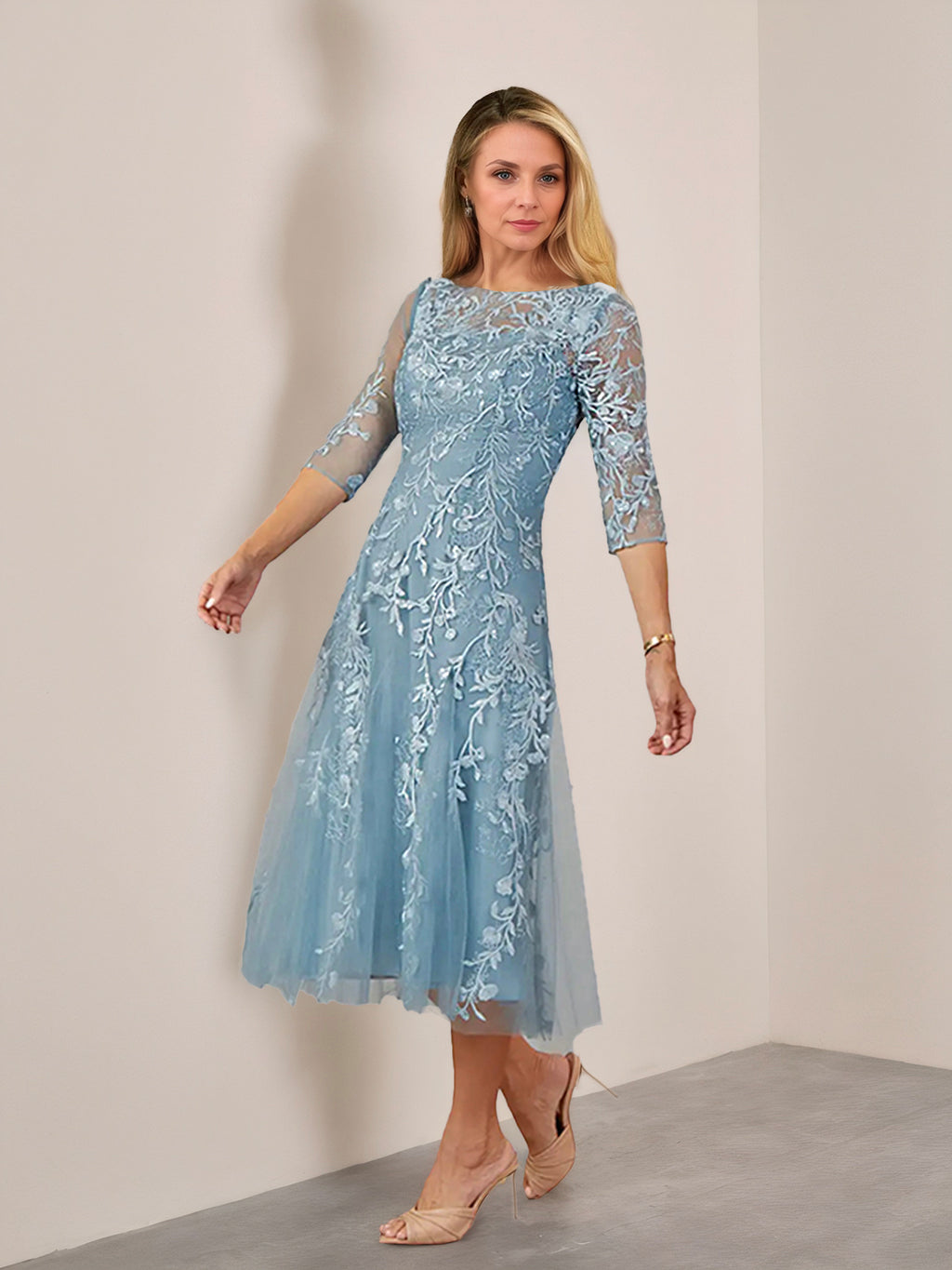 Ice Blue Elegant Lace A-Line Gown with Tulle