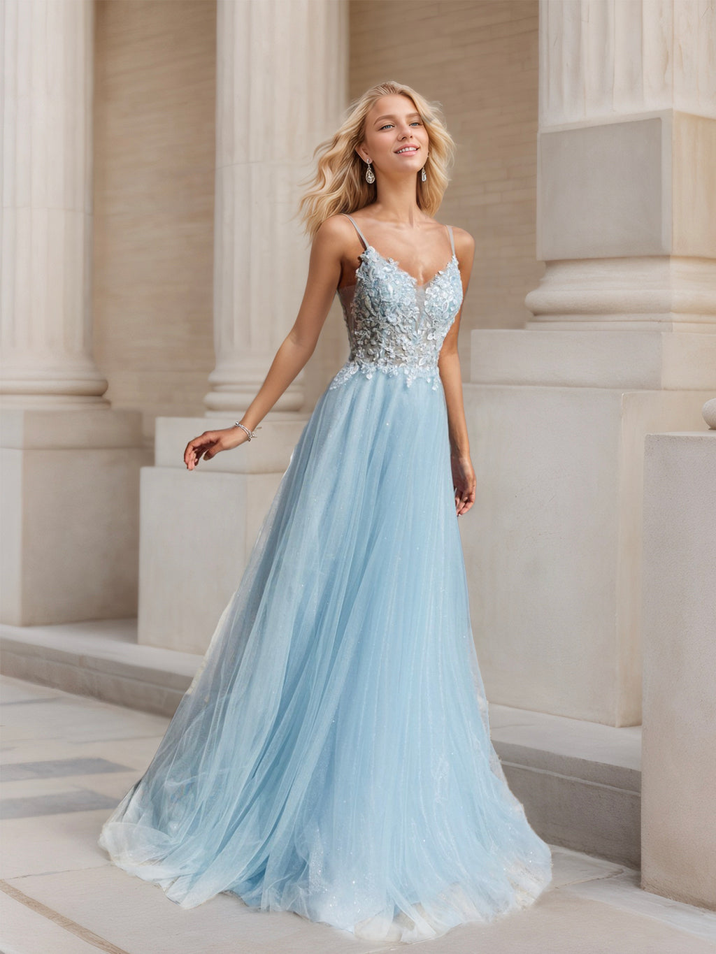 Vestido de tule azul-celeste com corte A e renda