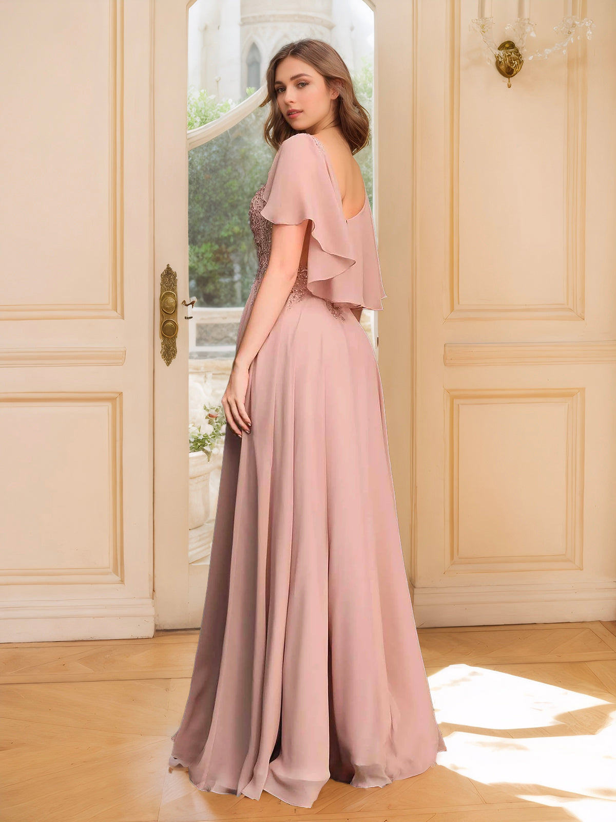 Smoky Blue Butterfly-sleeved A-line Dress with Lace