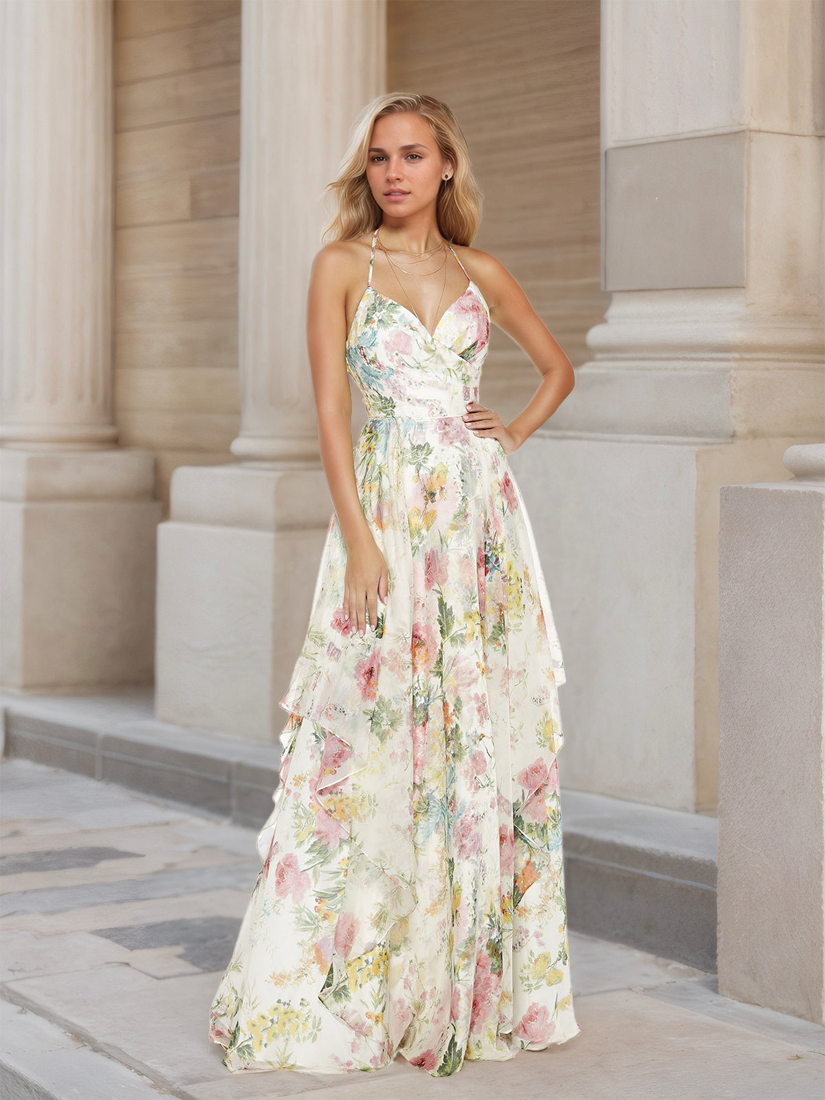 Vestido floral de satén en forma de A con espalda con cordones