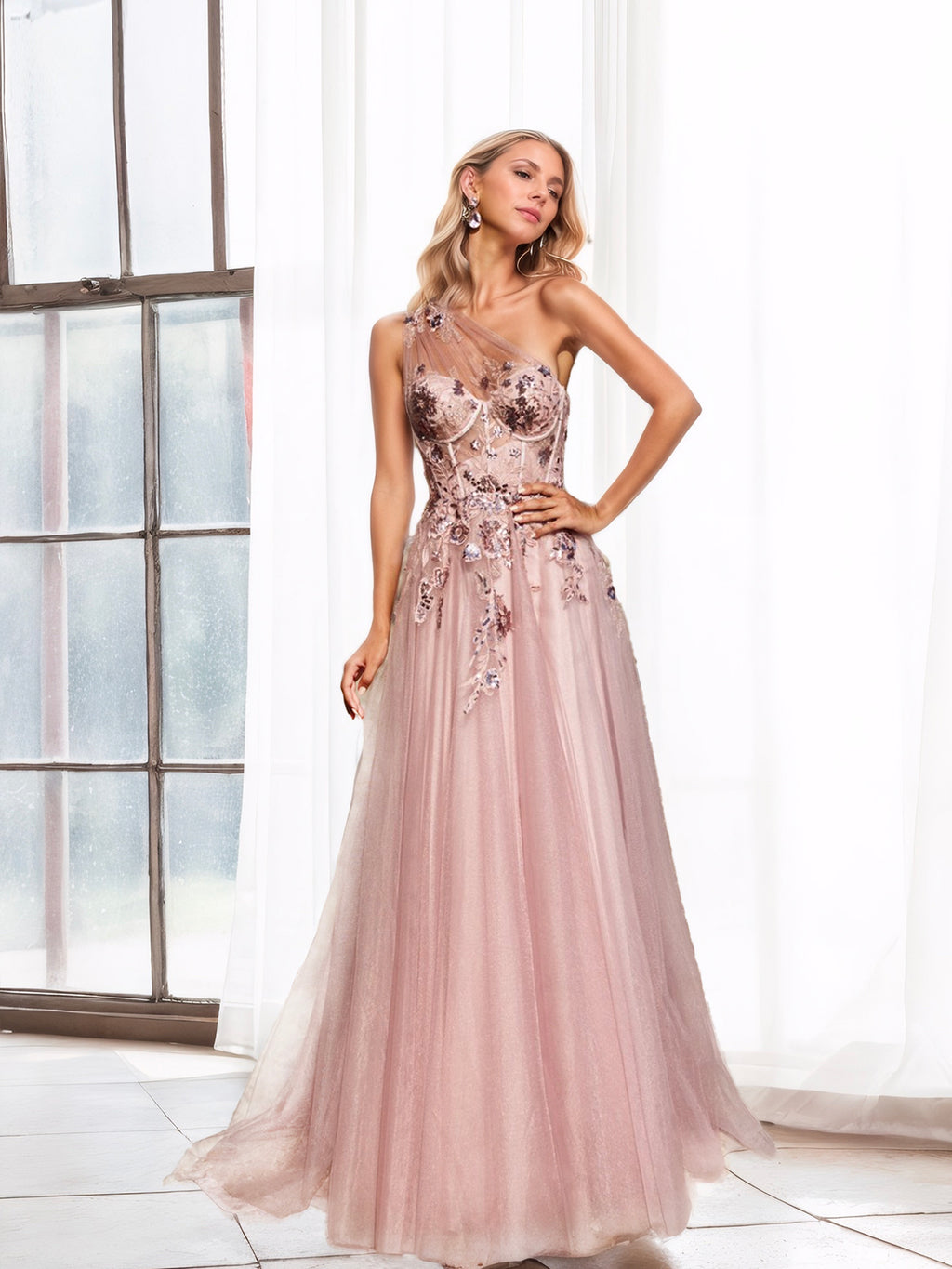 Blush A-Line Evening Dress with Beaded Embellishments