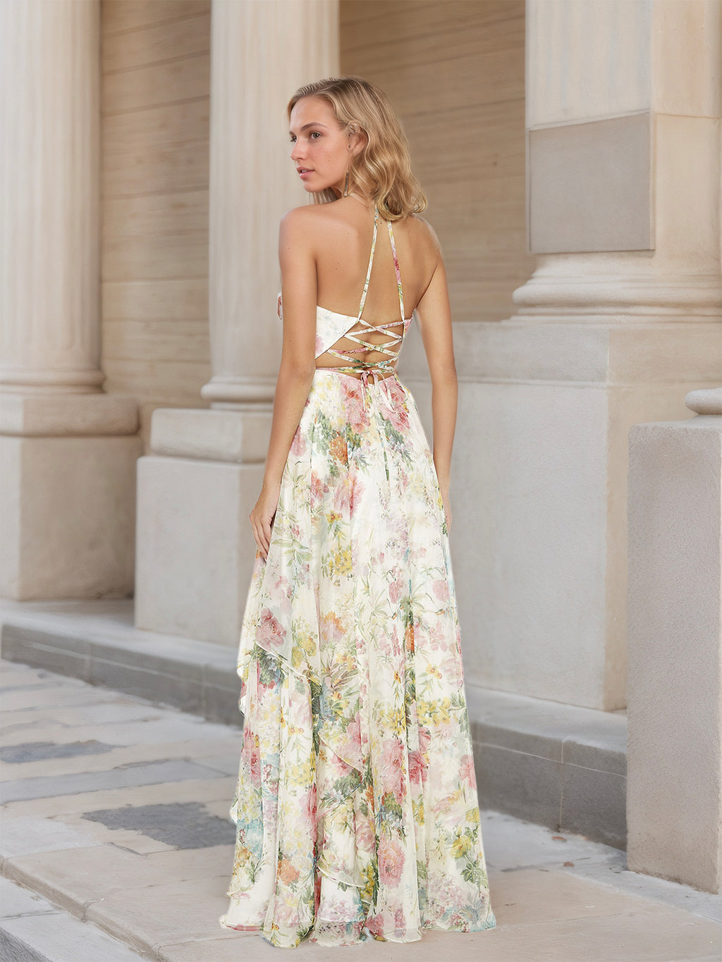 Vestido de cetim floral com corte em A e costas com amarração