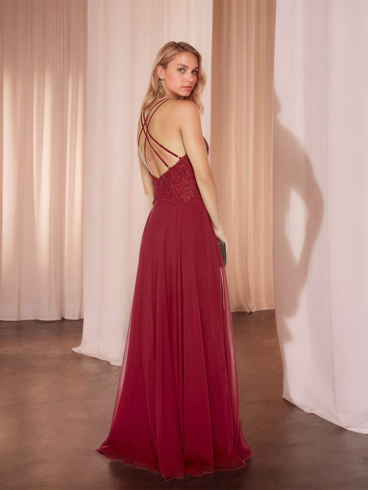 Wine A-Line Chiffon Dress with Lace