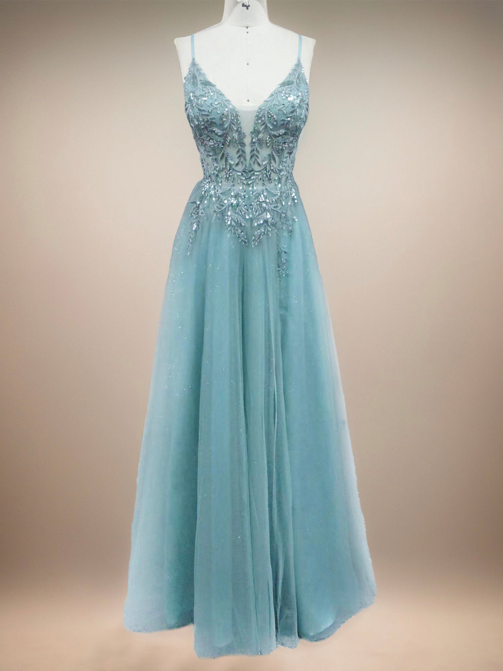 Aqua A-Line V-Neck Dress with Lace-Up Back