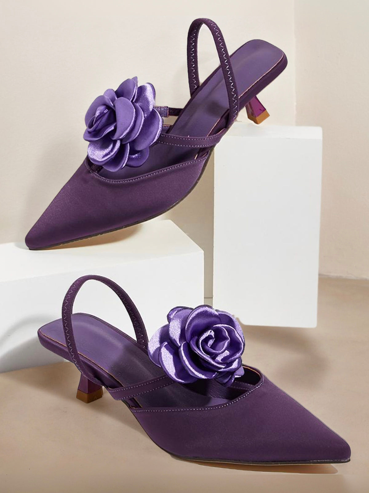 Fuchsia Satin Kitten Heeled Pumps