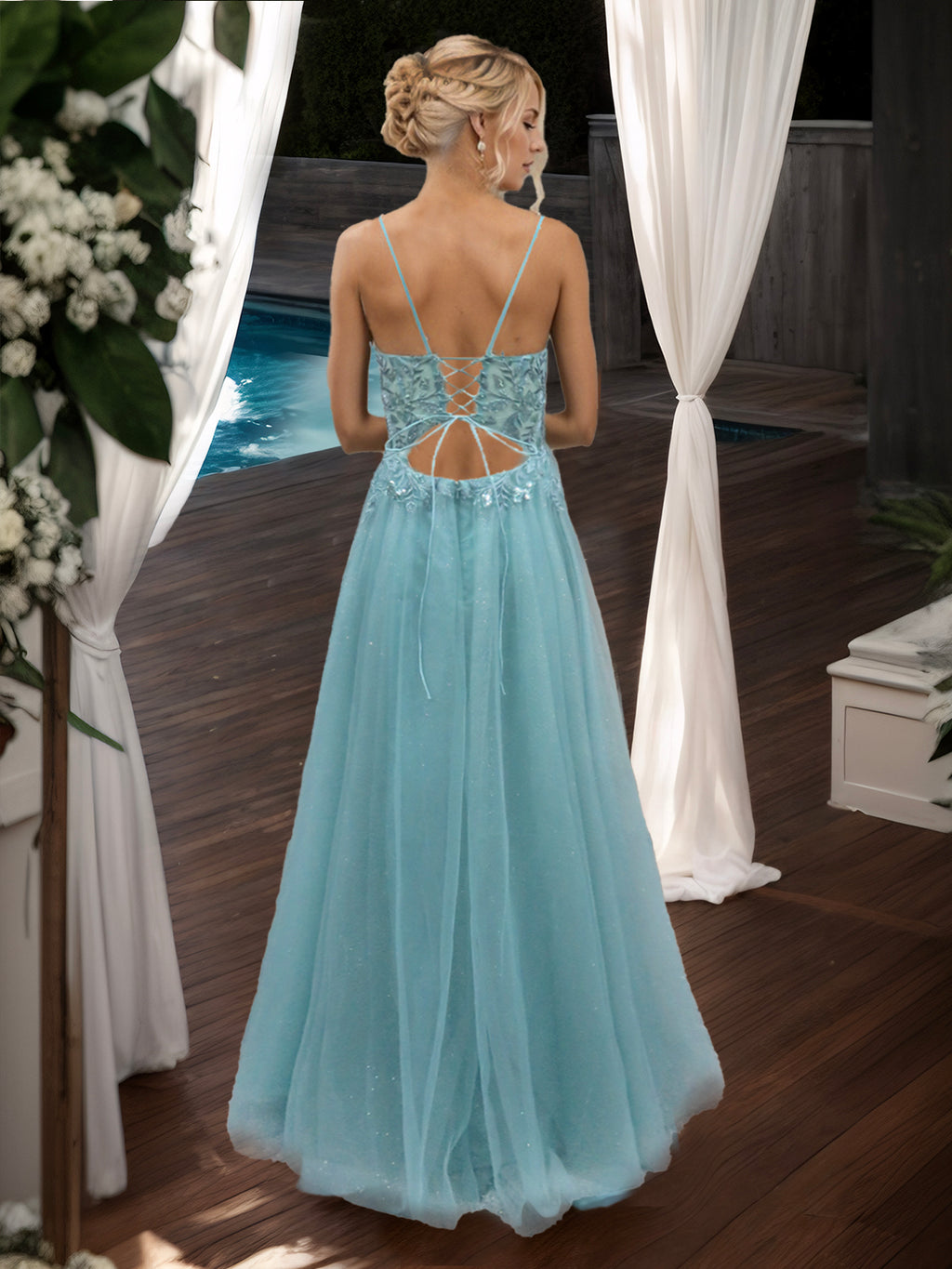 Aqua A-Line V-Neck Dress with Lace-Up Back