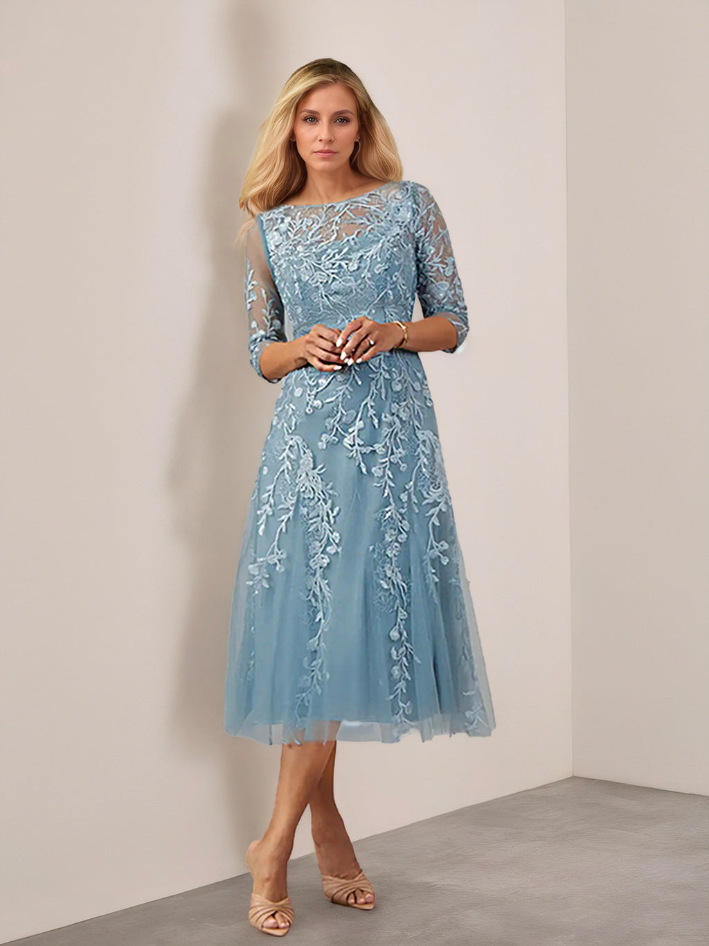 Ice Blue Elegant Lace A-Line Gown with Tulle